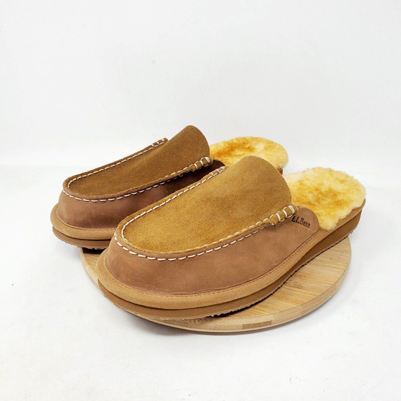 LL Bean Wicked Good Slipper Scuffs Women 9 Mule Brown Suede Shearling Shoes - Picture 4 of 12